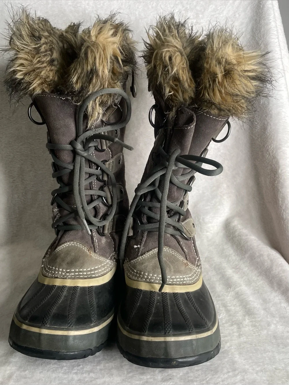 SOREL Joan Of Arctic Women's Boots 7 Gray Suede Waterproof Snow Faux Fur FLAWS